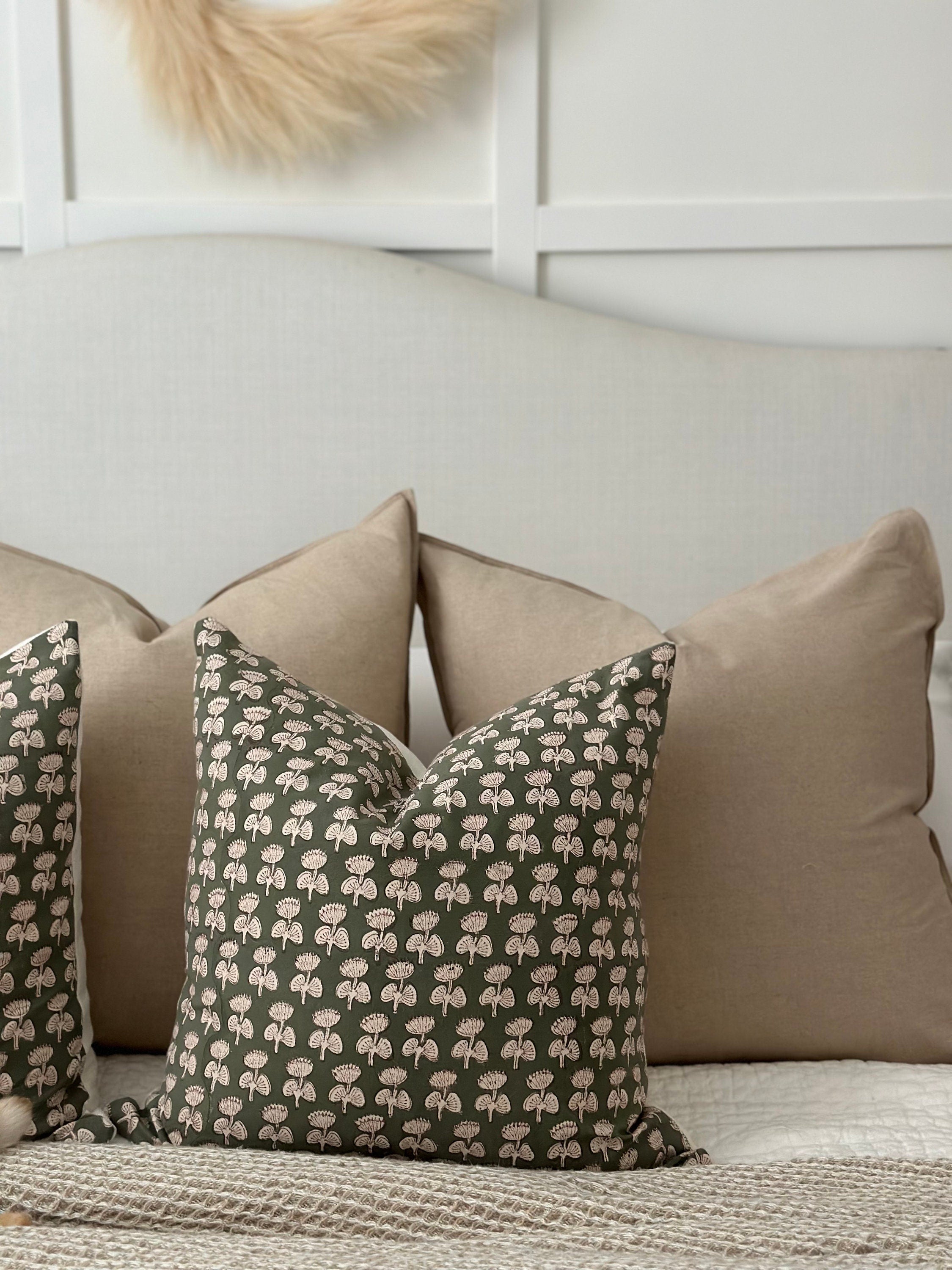 Olive & Beige Floral Printed Pillow Cover