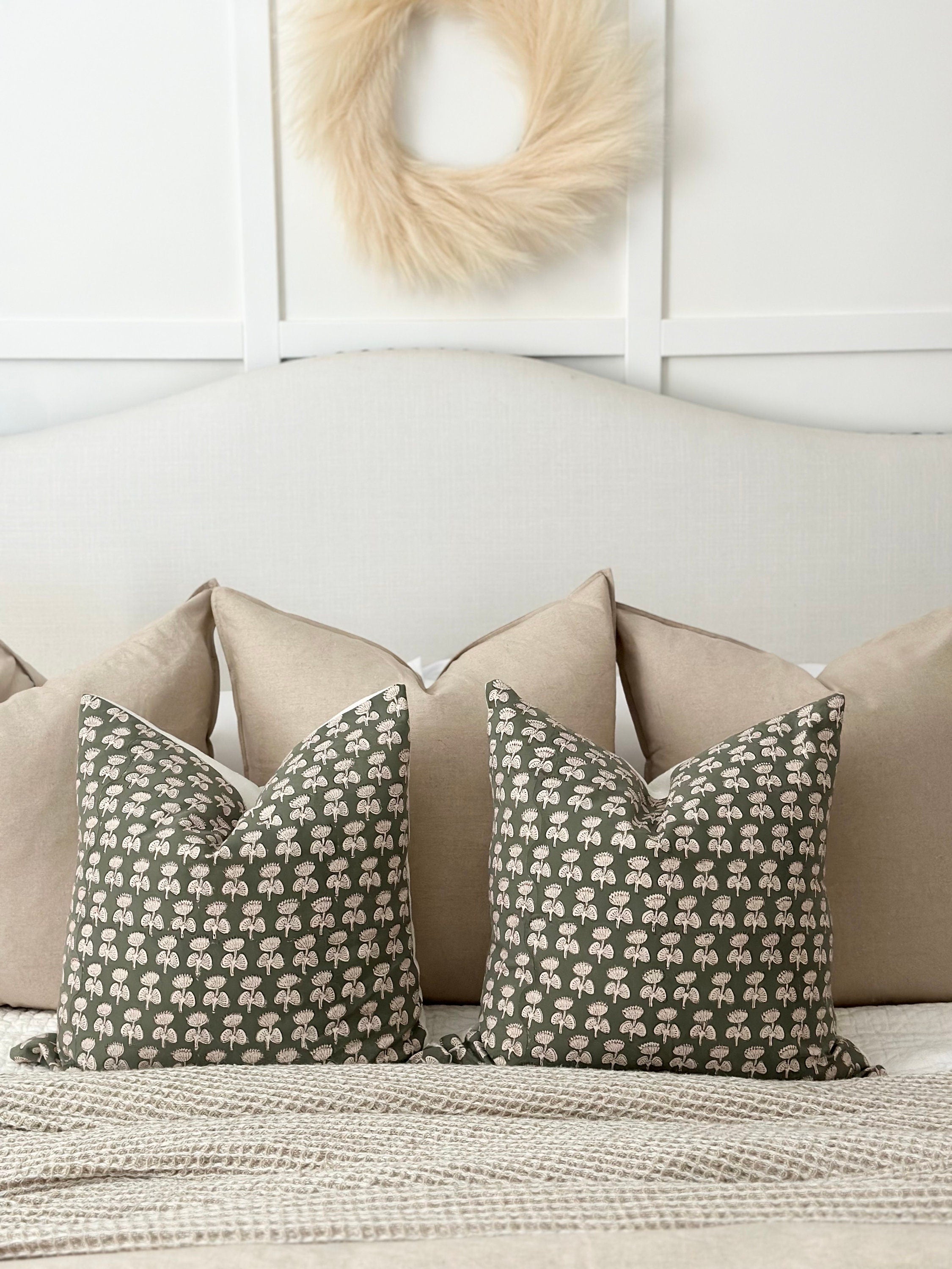 Olive & Beige Floral Printed Pillow Cover