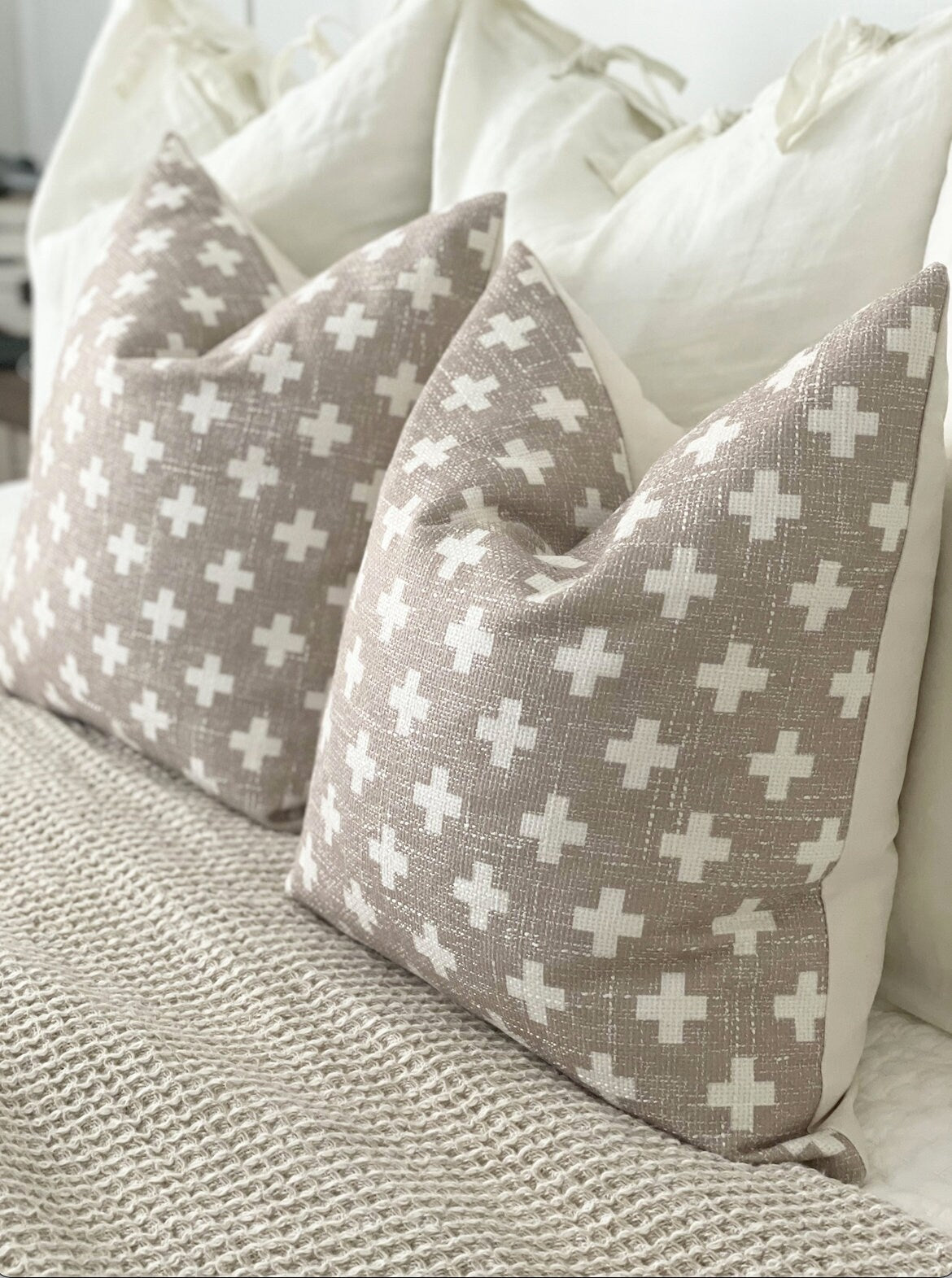Beige Printed “Swiss Cross” Pillow Cover