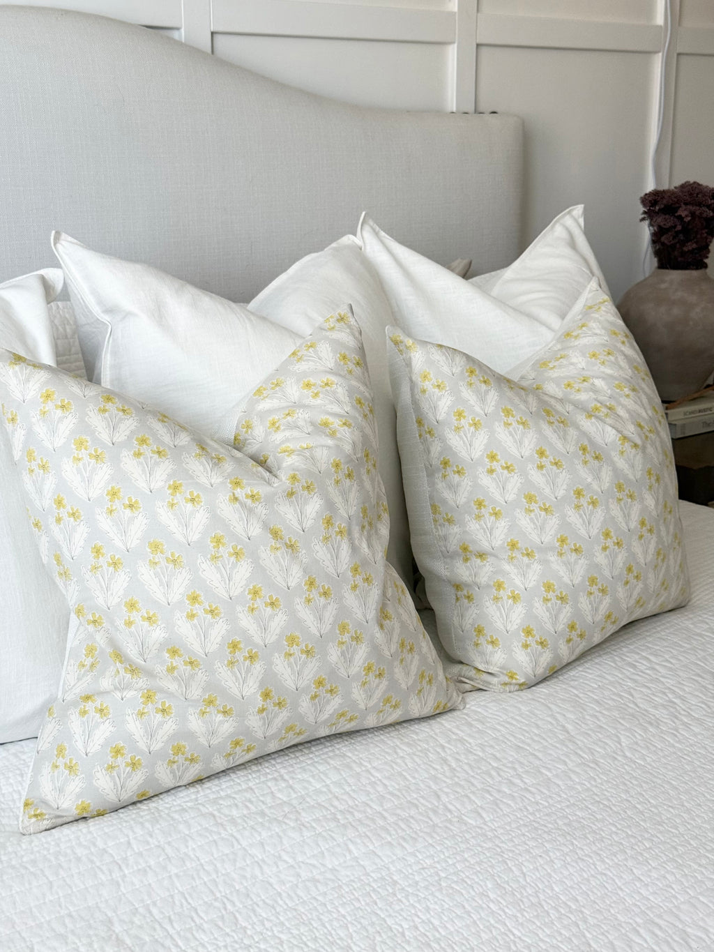 Gray and Yellow Floral Pillow Cover