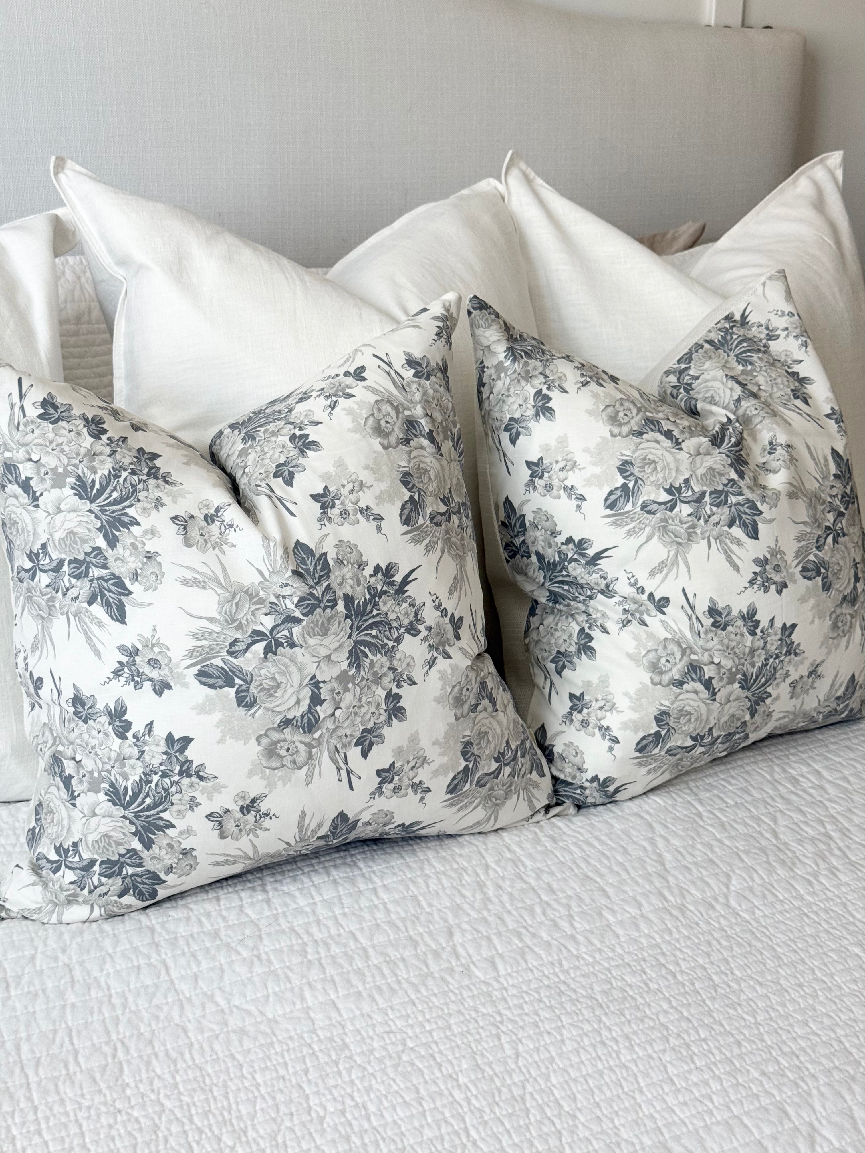 White and Gray Floral Pillow Cover