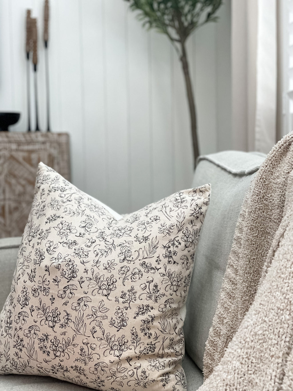 Floral Beige and Black Pillow Cover