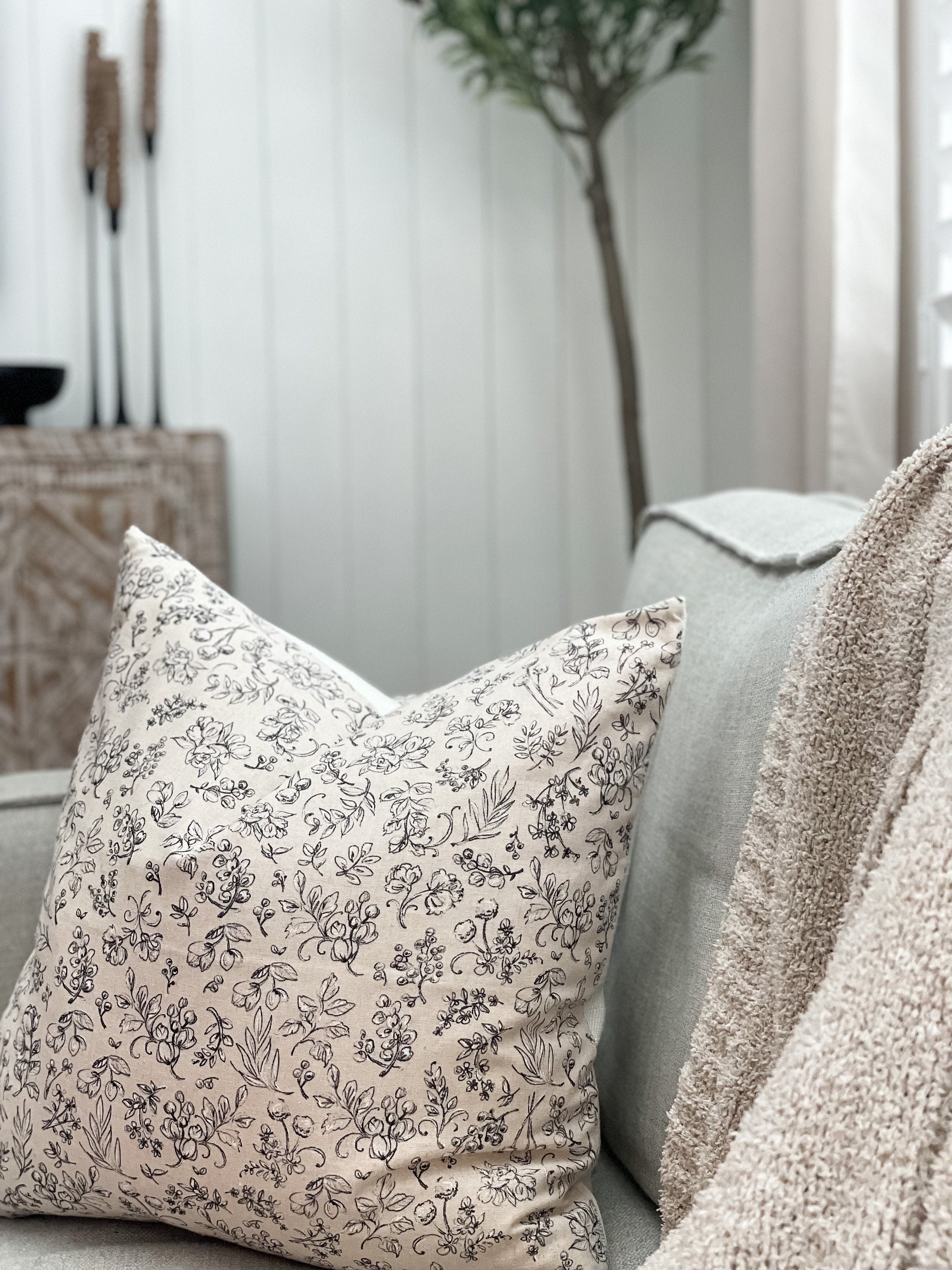 Floral Beige and Black Pillow Cover