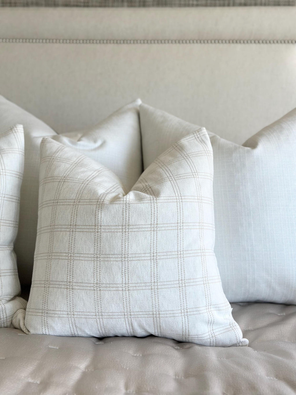 Beige and Ivory Plaid Chenille Pillow Cover