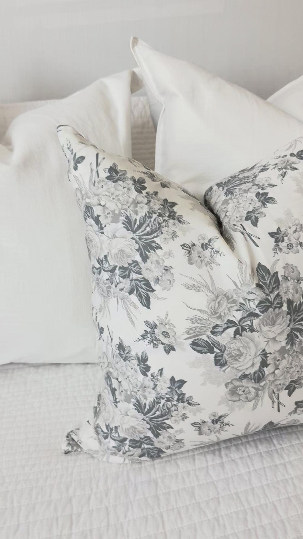 White and Gray Floral Pillow Cover
